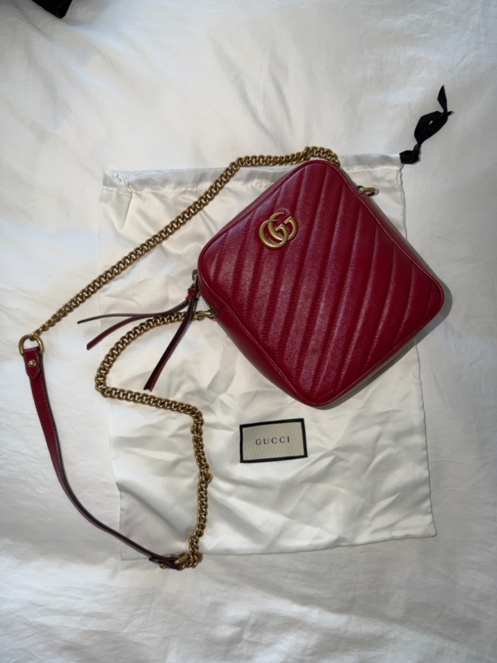 Gucci Red Quilted GG Marmont Crossbody with Gold Chain